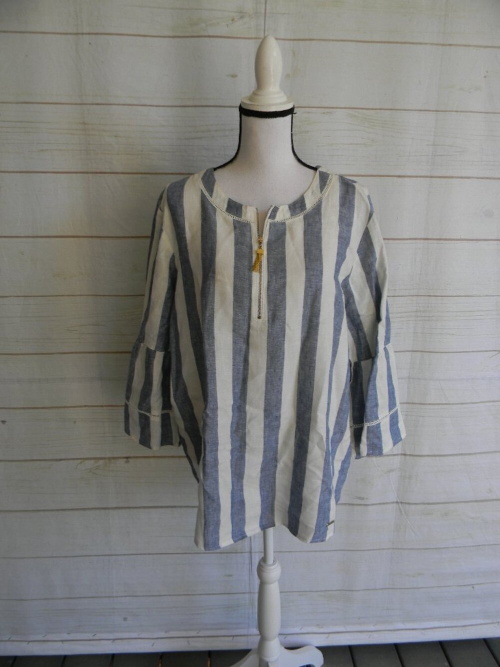 ELLEN TRACY WM'S BLUE/WHITE LINEN ZIP NECK GORGEOUS BLOUSE TOP SZ XL
